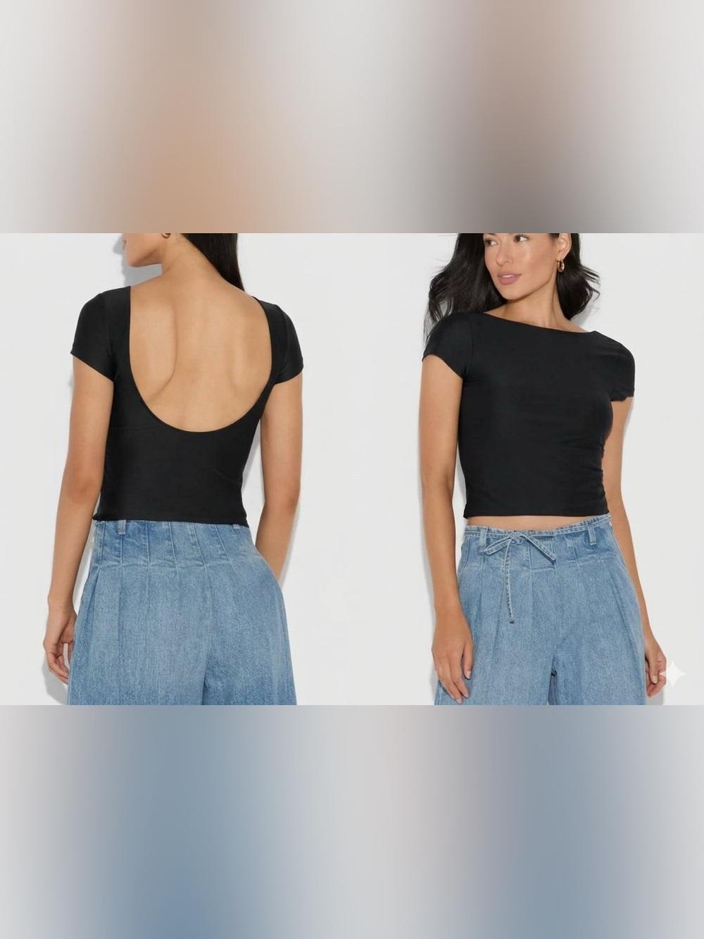Black Scoop-Back Crop Top - Women's Short Sleeve